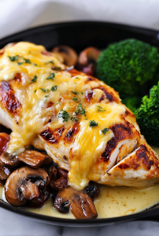 A piece of chicken with cheese and mushrooms.