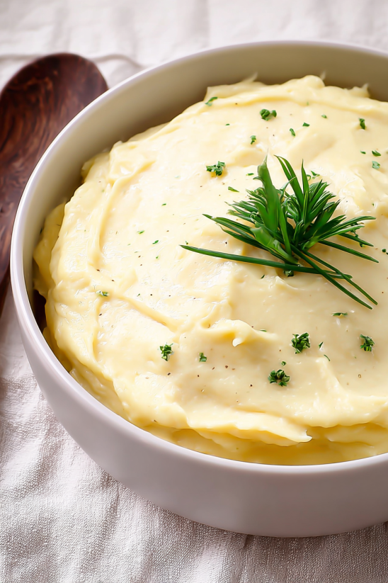 A bowl of garlic Parmesan mashed potatoes and gravy.
