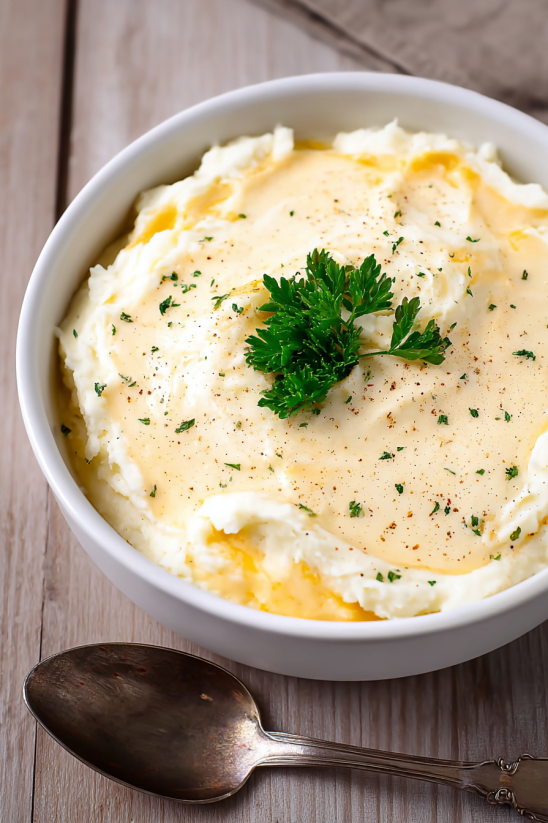 A bowl of mashed potatoes with a green herb on top.
