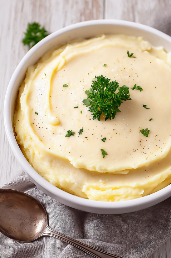 A bowl of mashed potatoes with a green herb on top.
