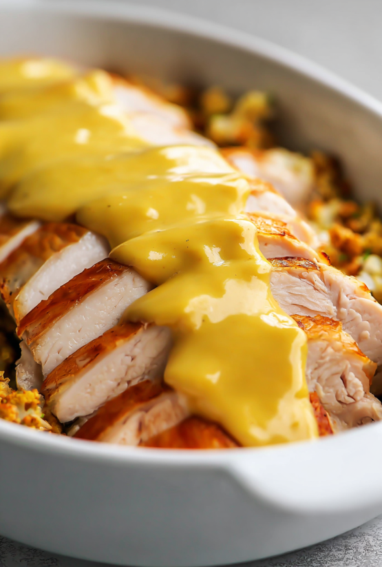 A bowl of food with a sauce drizzled over it.