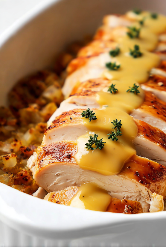 A dish of chicken with sauce.