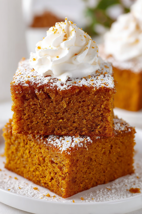 A slice of cake with whipped cream on top.