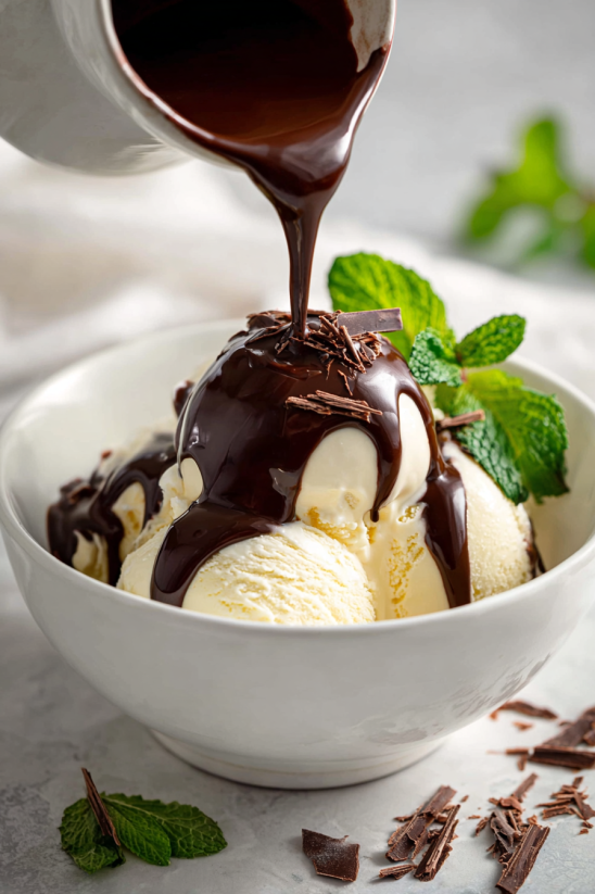A bowl of ice cream with chocolate sauce drizzled on top.