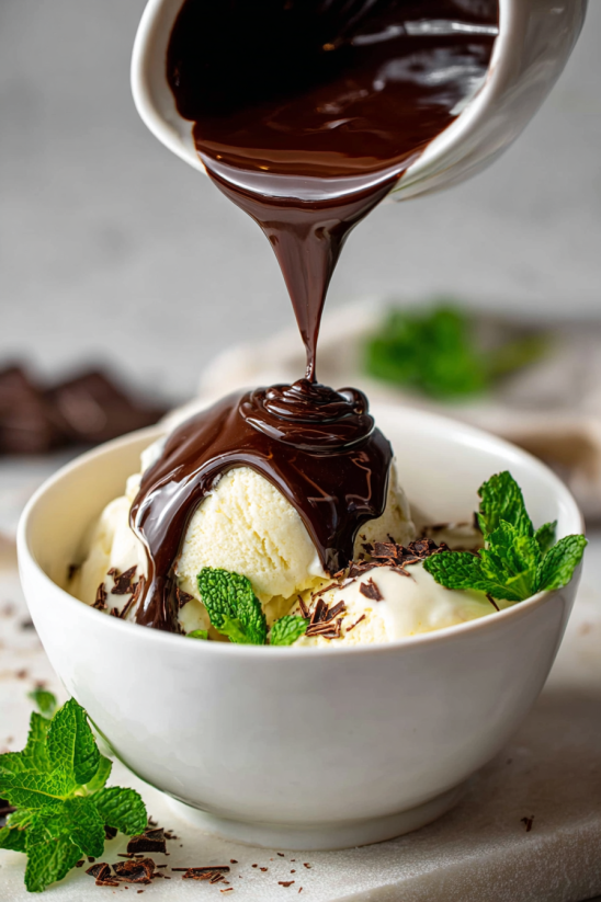A bowl of ice cream with chocolate drizzled on top.