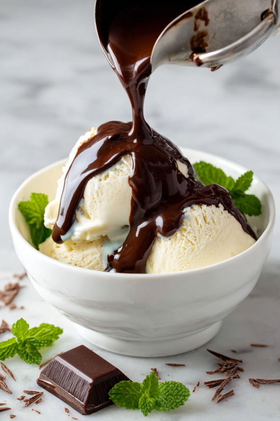 A bowl of ice cream with chocolate drizzled on top.