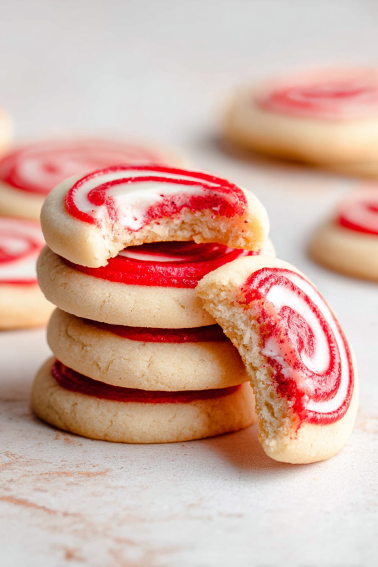 A stack of red and white cookies.