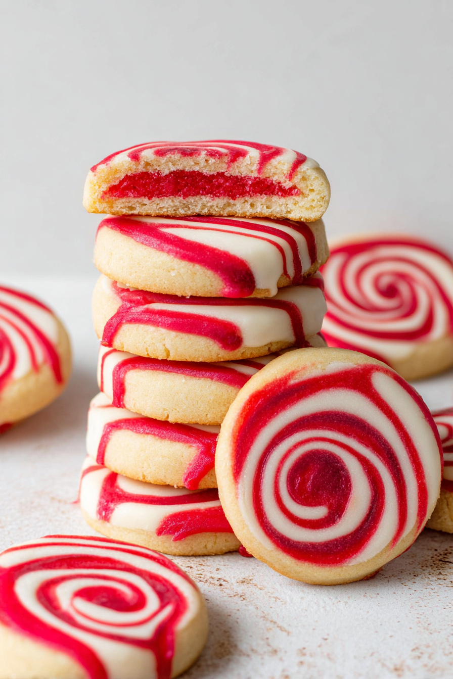A stack of red and white cookies.