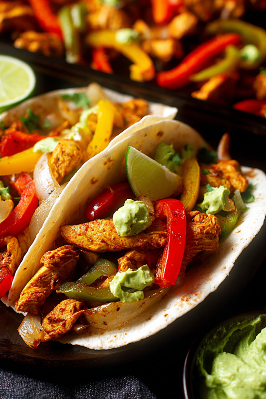 A delicious meal of chicken fajitas with peppers and onions.