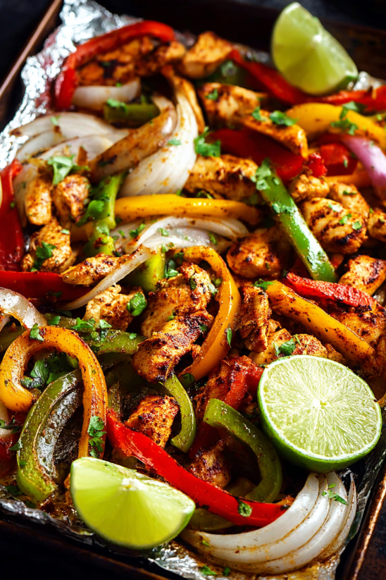 A plate of food with chicken, peppers, onions, and lime.