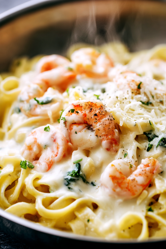 A dish of shrimp tortellini alfredo.