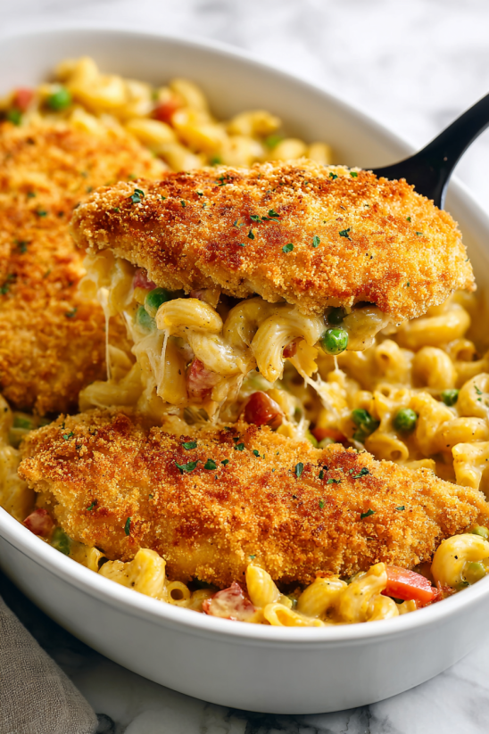 A bowl of macaroni and cheese with chicken on top.