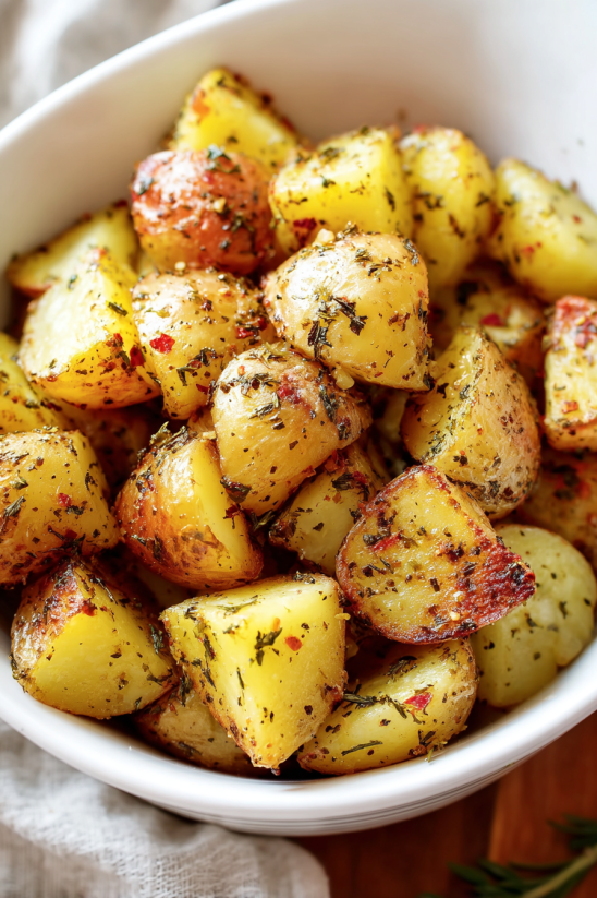 A bowl of garlic parmesan roasted potatoes.