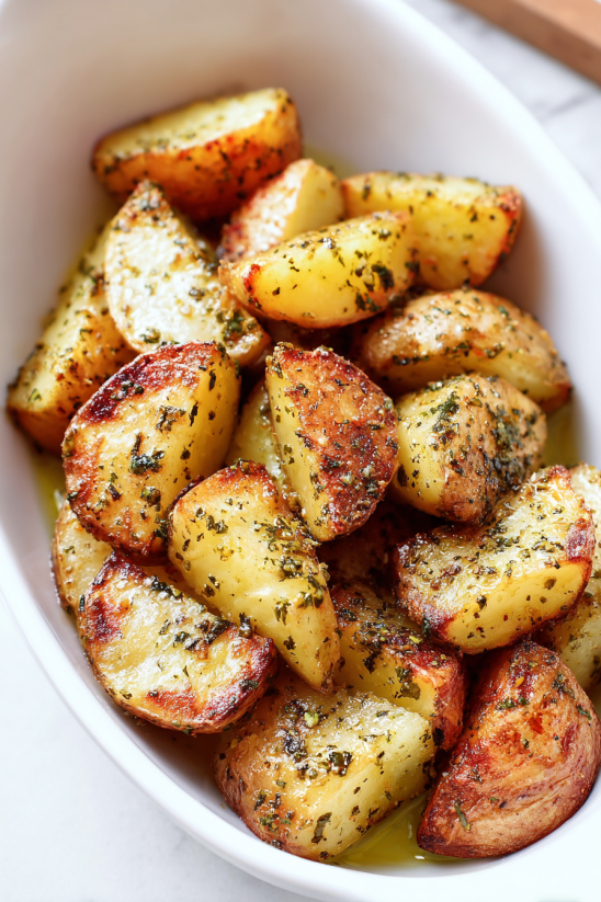 A bowl of potatoes with herbs.