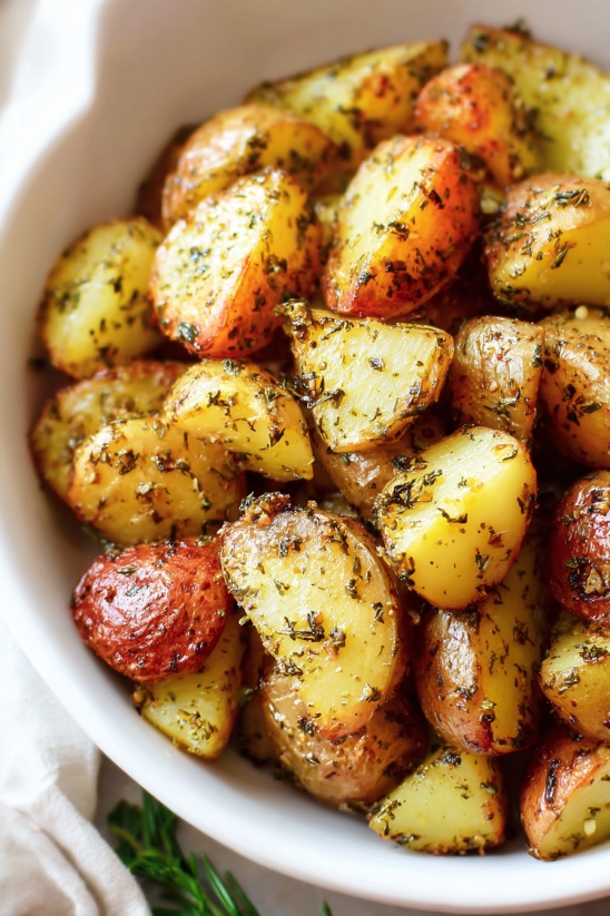 A bowl of potatoes with herbs.