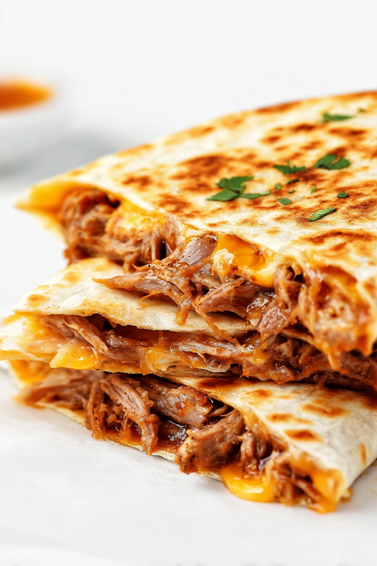 A quesadilla with meat and cheese.