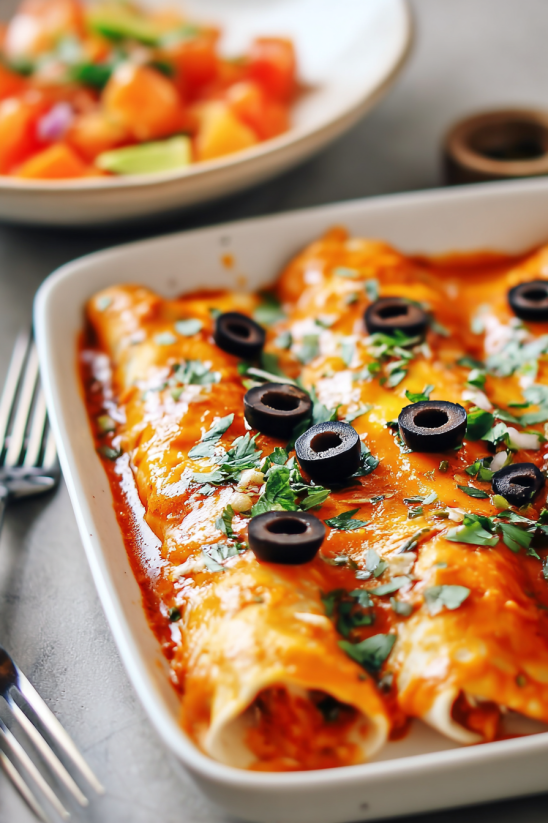 A plate of food with olives on top.