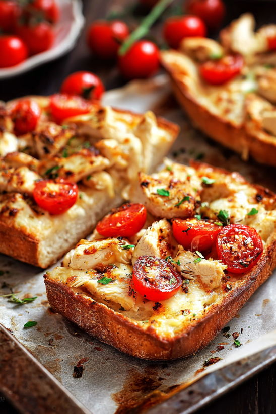 A slice of pizza with tomatoes and chicken.
