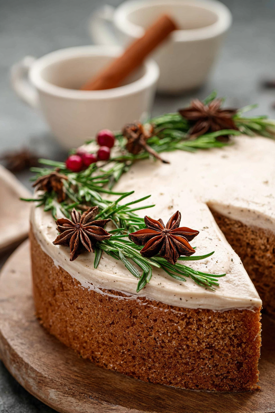 A slice of cake with a star anise garnish.
