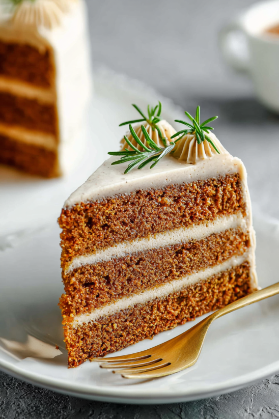 A slice of cake with a sprig of rosemary on top.