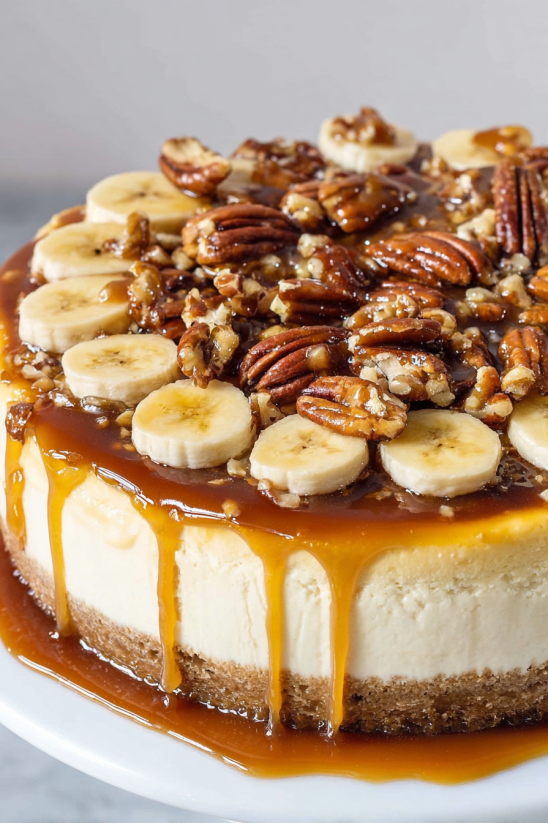 A slice of Bananas Foster Cheesecake.
