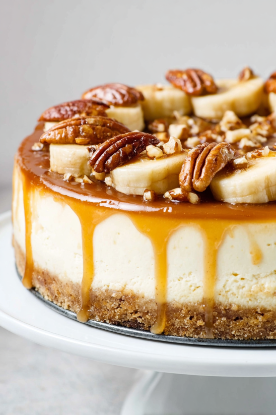 A slice of Bananas Foster Cheesecake.