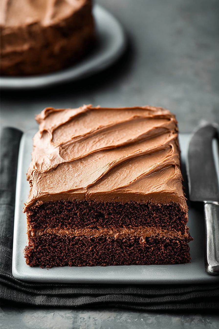 A slice of chocolate cake on a plate.