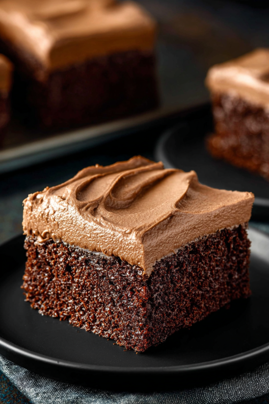 A piece of chocolate cake with chocolate icing.