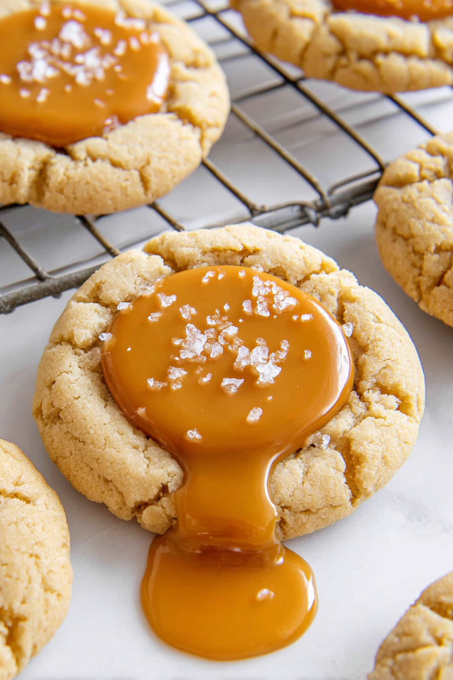 A cookie with caramel drizzled on top.
