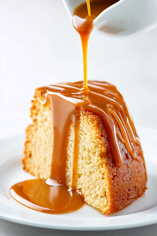 A slice of butterbeer pound cake with caramel drizzled on top.
