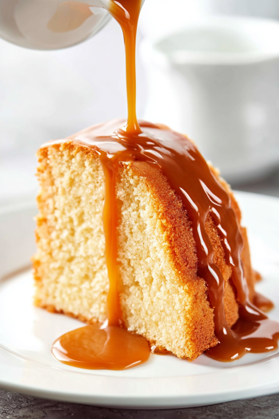 A slice of cake with caramel drizzled on top.