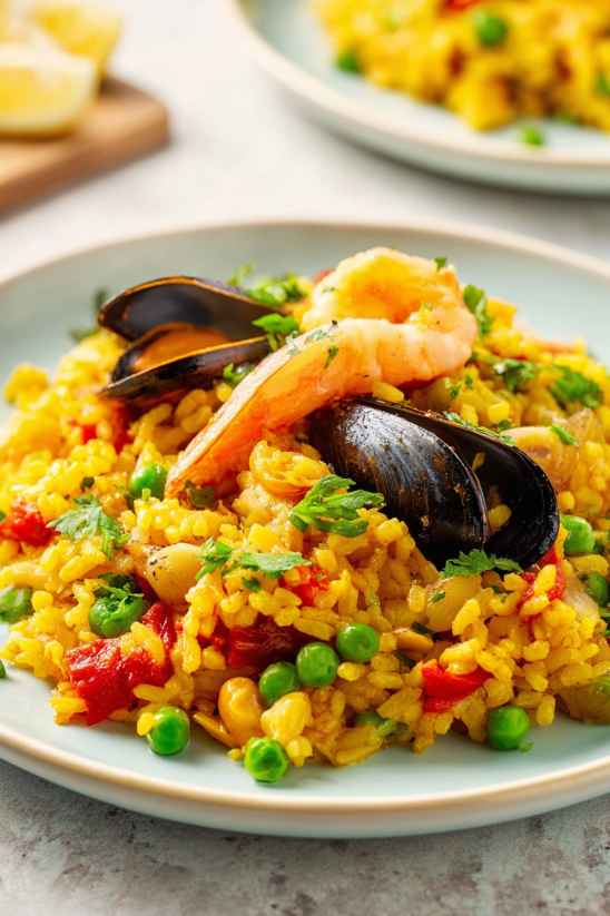 A plate of food with shrimp, rice, and peas.