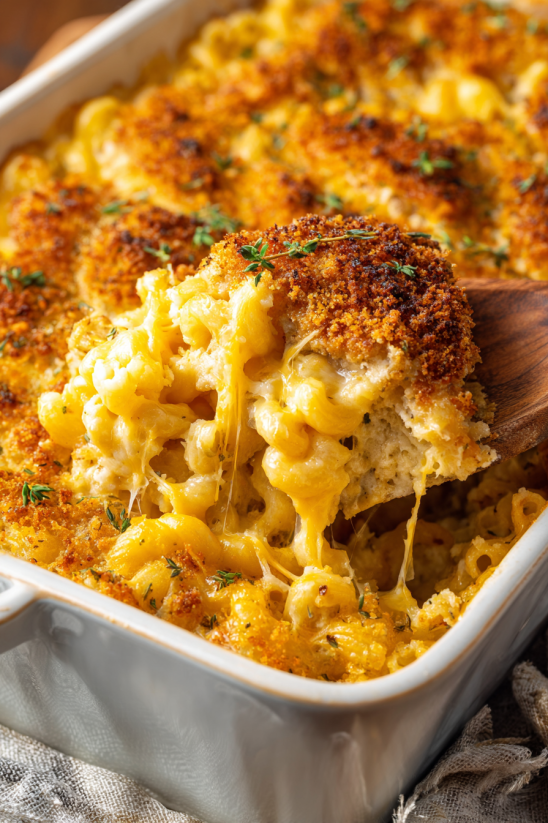 A wooden spoon is in a casserole dish filled with macaroni and cheese.