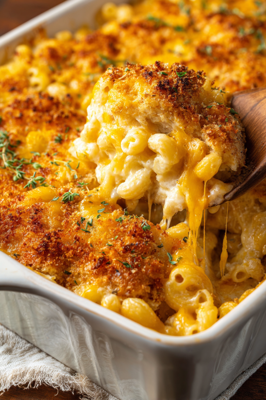 A wooden spoon is being used to serve a delicious macaroni and cheese dish.