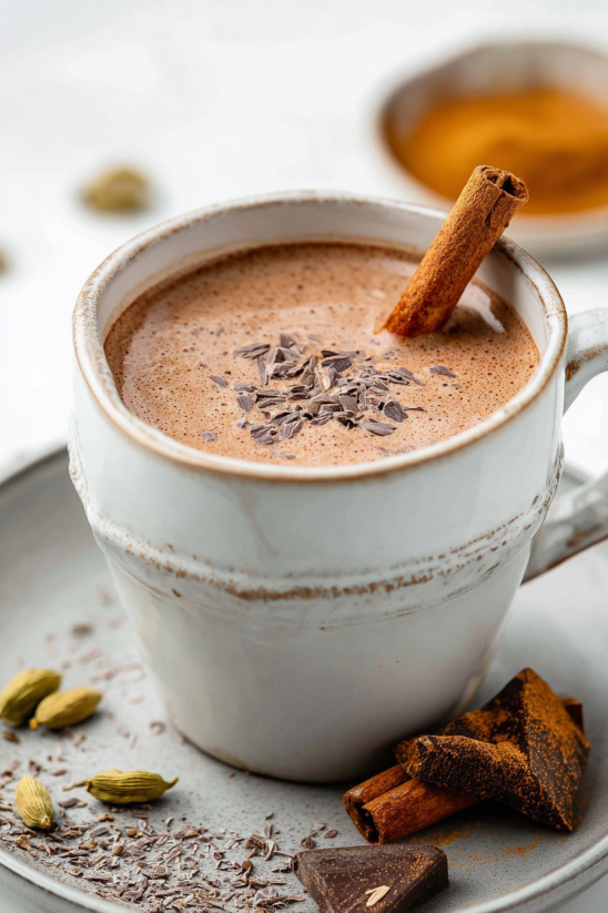 A cup of Atole de Chocolate with a cinnamon stick in it.