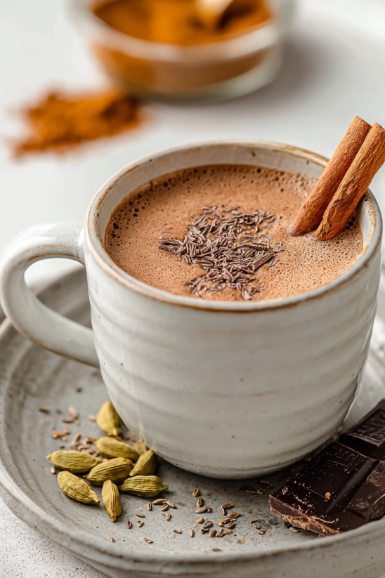 A cup of coffee with cinnamon on top.
