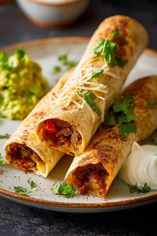 A plate of food with a burrito and guacamole.