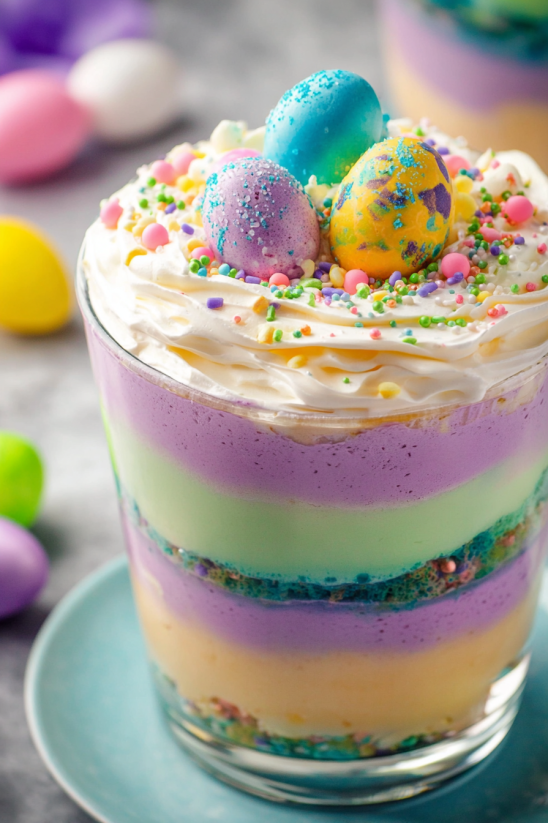 A glass of dessert with a yellow and purple swirl.