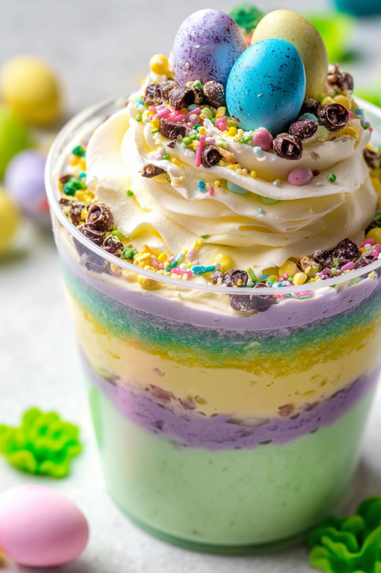 A cup of cake with a marshmallow on top.