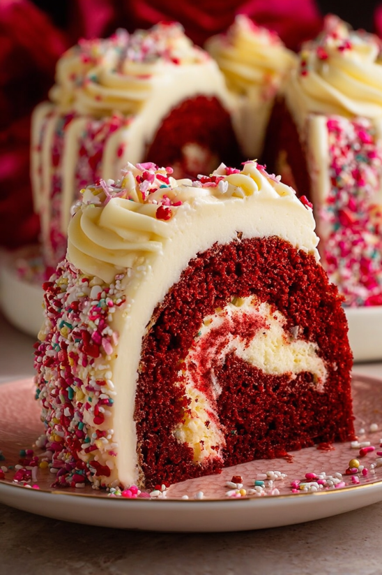 A slice of red velvet cake with cream cheese frosting.