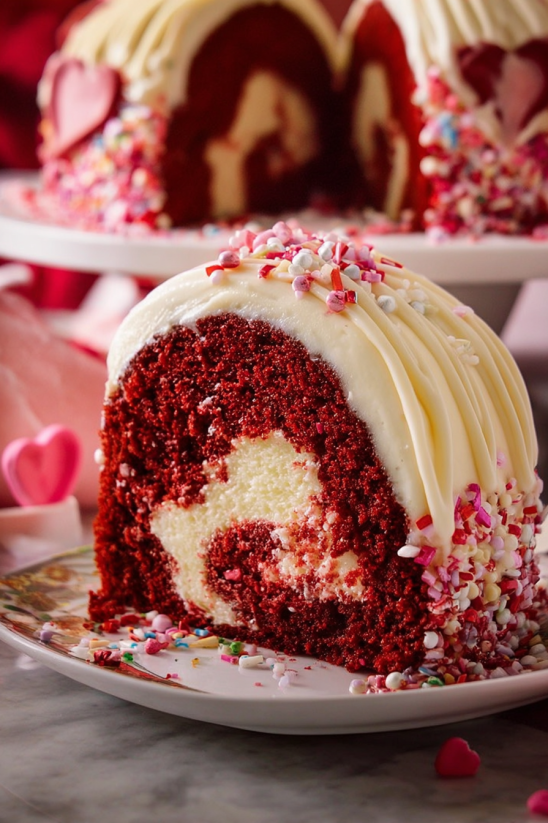 A slice of red velvet cake with white frosting.