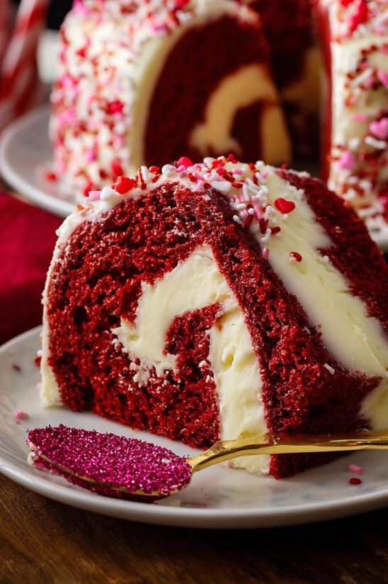 A slice of red velvet cake with white frosting.