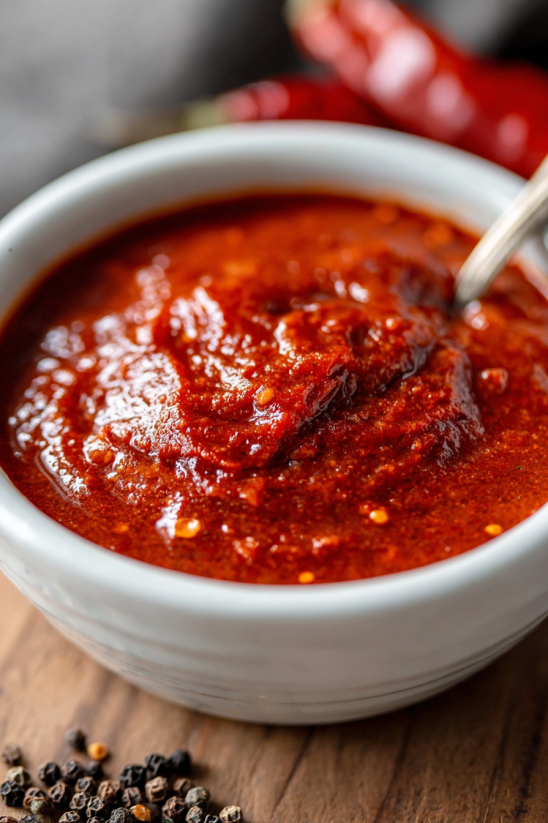 A bowl of red sauce with a spoon in it.