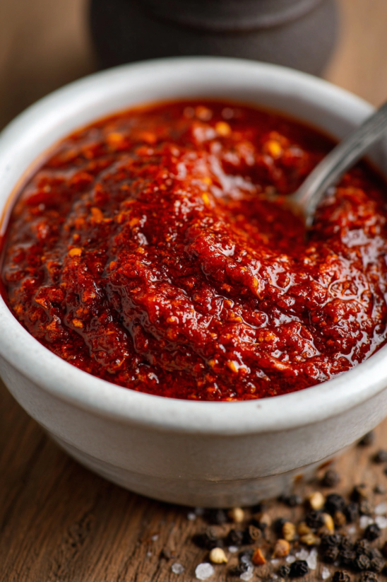 A bowl of red sauce.