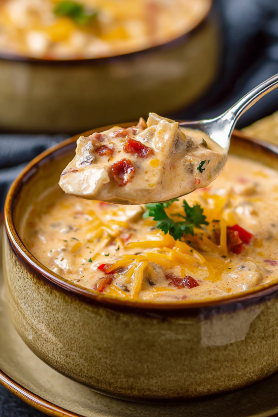 A spoon is in a bowl of soup.