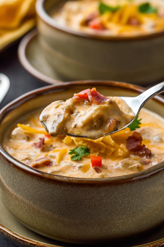A spoon is in a bowl of soup.