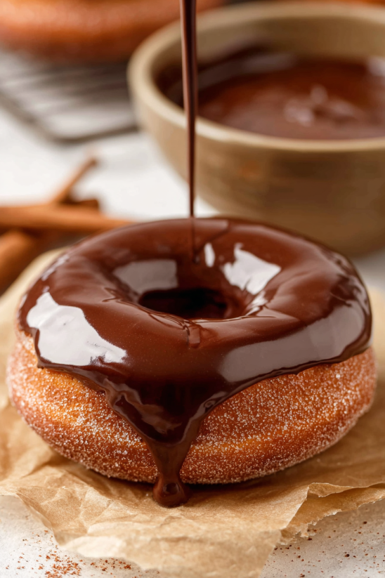 A chocolate glazed donut on a paper towel.