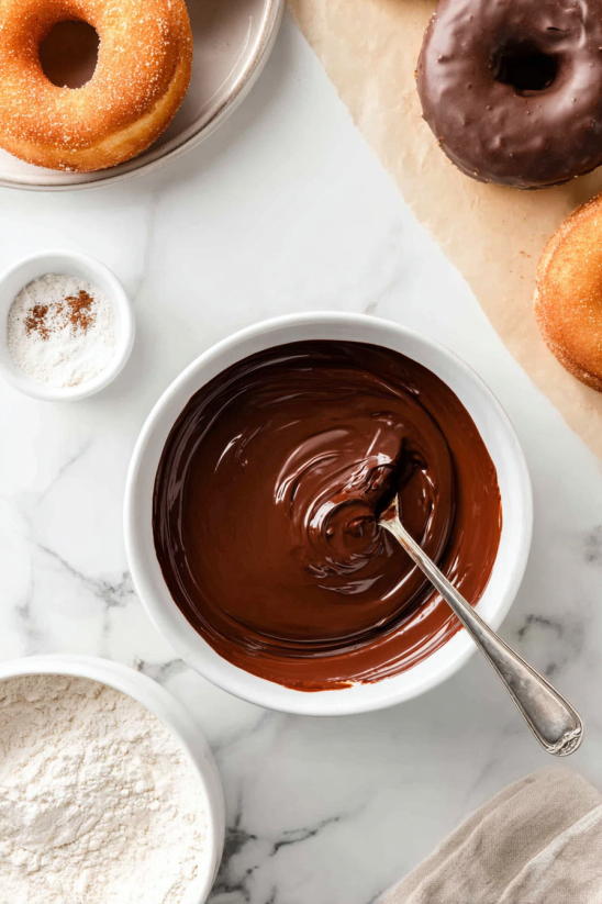 A bowl of chocolate sauce with a spoon in it.