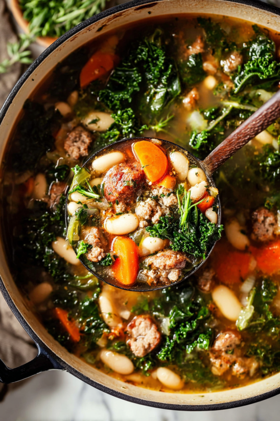 A spoon is in a bowl of soup.