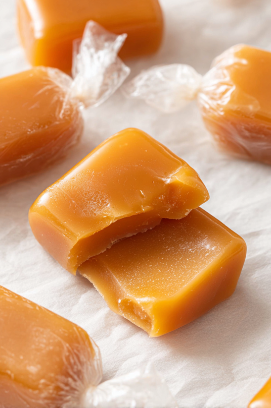 A close up of a piece of soft rum caramel.